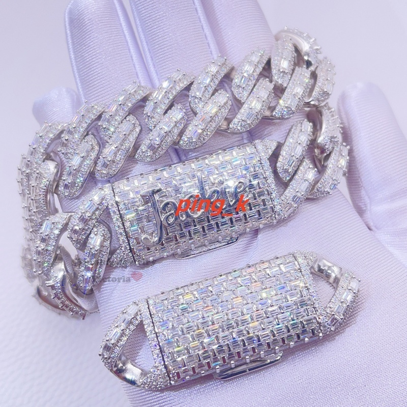 20mm Solid Silver Heavy Thick Miami Iced Out Hip Hop baguette Cut Moissanite Cuban Link Chain