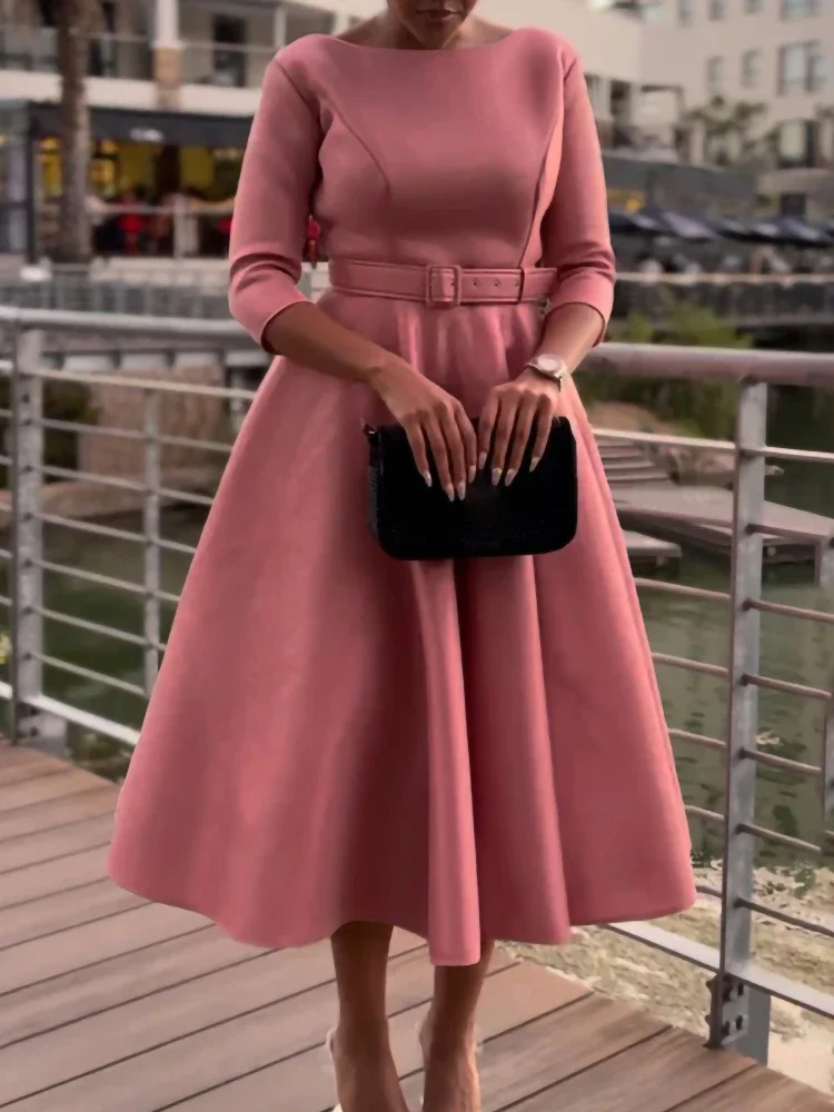 Elegant Women Party Dresses A Line with Waist Belt Three Quarter Sleeves Classy Office Ladies Wedding Guest Gowns Female