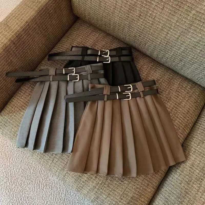 Xpqbb All-Match College Style JK Pleated Skirts Women Fashion Double Belt High Waisted Skirt Female Vintage Brown Mini Skirts L250627-image-1064098480
