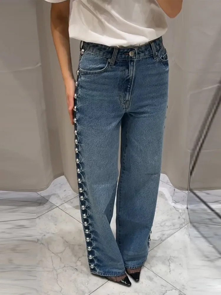Women's Trench Coats Y2K Pearl Bead Jeans For Women 2025 Wide Leg Lady Long Denim Pants Female Solid Commute Baggy Straight Trousers High Stree