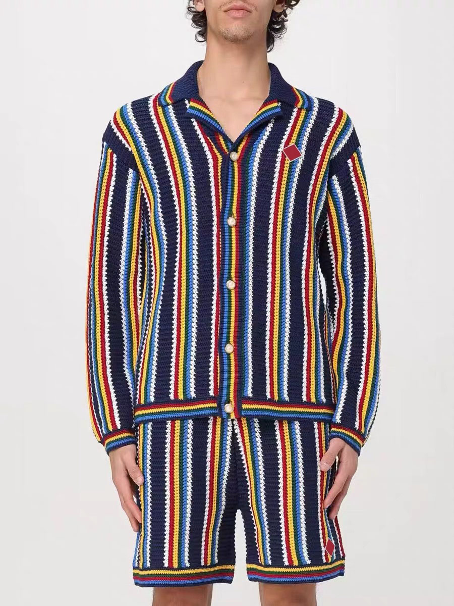 Casabalnc top quality summer tide new hollowed out colorful stripes vintage knit shorts men designer long sleeve loose pearl buttons cardigan sweate