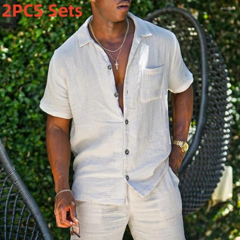 Mens Suits 2025 Summer Cotton Linen Casual Sets Fashion Short-sleeved Loose Shirt And Shorts Two-pieces Men Beach Holiday Outfit
