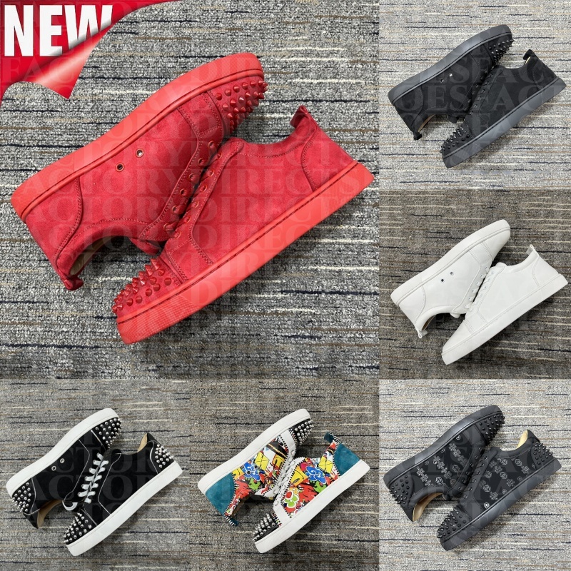 Mens Flat Bottom designer shoes Red Slip-on dress shoes women Spikes suede Sneakers Black White Silver Smoke Grey Lace-up flat sneaker classic Forma