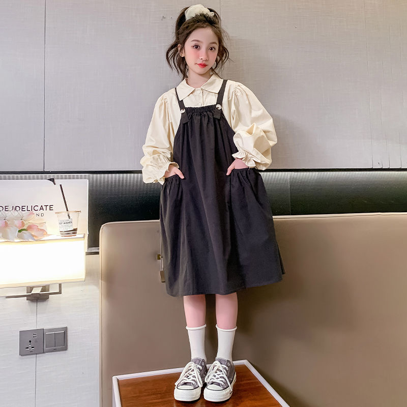 D409 Girls autumn suit 2025 new spring and autumn girls big girl stylish long-sleeved top children&#039;s suspender skirt two-piece suit-image-1078019598