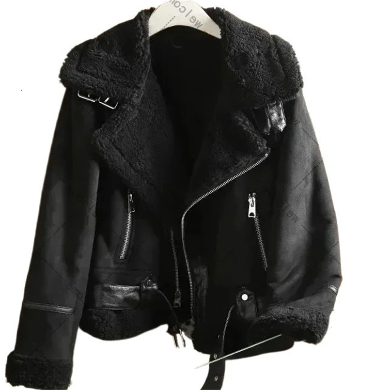 Winter acket Short Motorcycle Brown Coats Faux Shearling Sheepskin Leather Jackets Outwear Women Thick Warm Suede Lamb J 241025