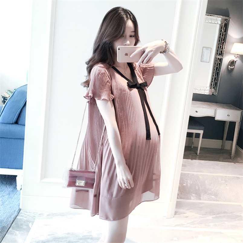 MaterniTY Dresses Summer Pregnant Womens Solid Pleated Loose CHIffon Maternal Wear Elegant and Fashionable Polyester Womens Wear M260226-image-1095548647