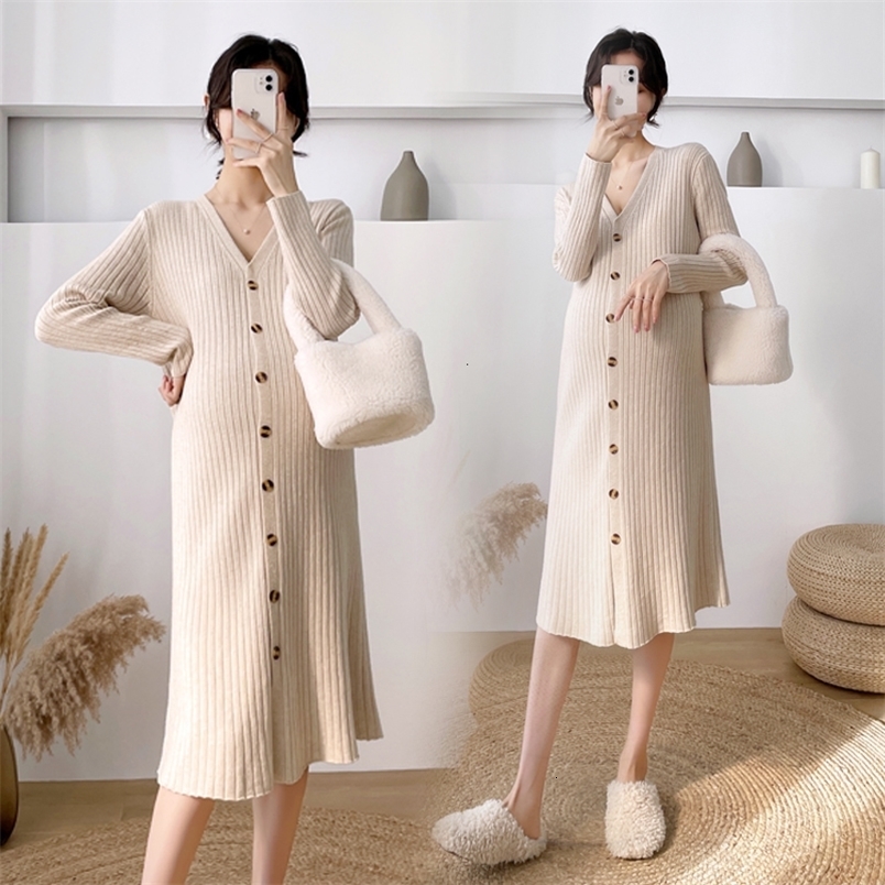 Maternity Dresses Autumn Winter Knitted Pregnant Womens Dress V-Neck Button Open Straight Clothes Pregnant Womens Casual Sweater 230404CJ M260226-image-1095549220