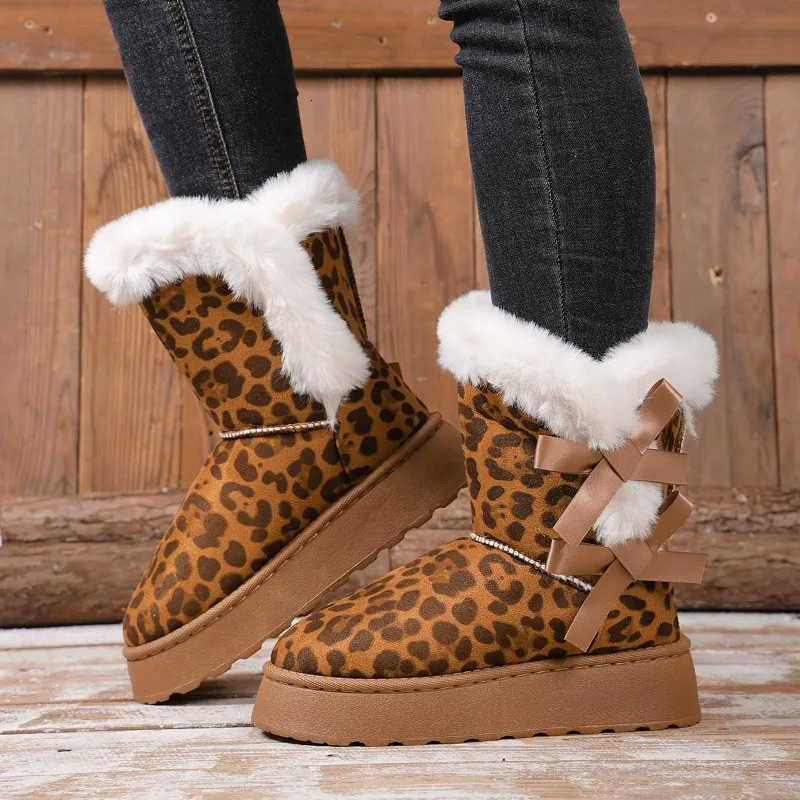 Womens Bow Leopard Snow Boots Winter Sleeve Platform NonSlip WearResistant Warm Cotton Boots 250929