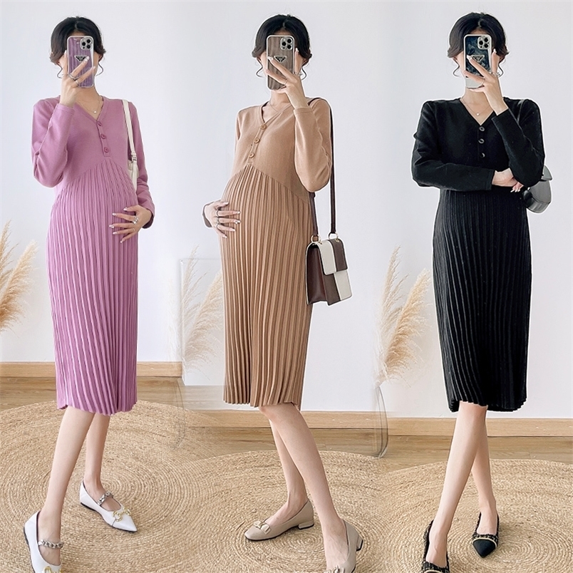 Maternity Dresses 5905 Autumn/Winter Knitted Pregnant Womens Long Sweater Elegant A-line Ultra Thin Dress Pregnant Womens Fashion Pregnancy 23040-image-1095549093