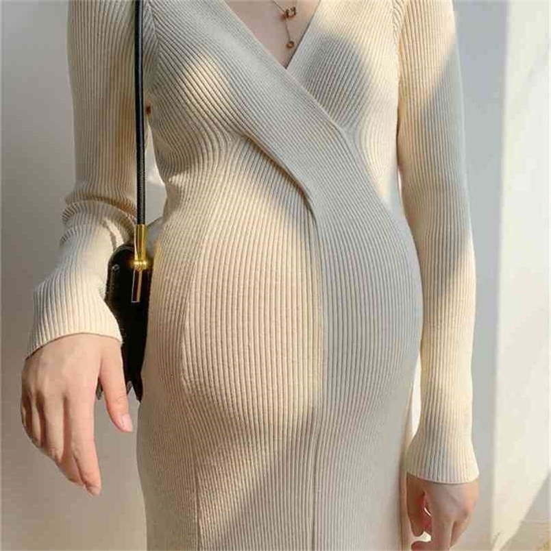 Knitted Maternity Dress Elasticity Autumn Pregnant Clothes Long Sleeve Gown Pography Po Shoot Pregnancy 210922 M260226-image-1095551294