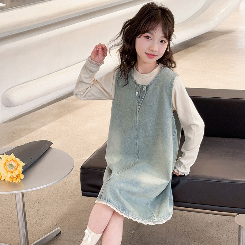 D411 Girls denim dress suit 2025 spring and autumn new style for middle and large children&#039;s girls Korean style fresh and sweet dress suit-image-1078019417