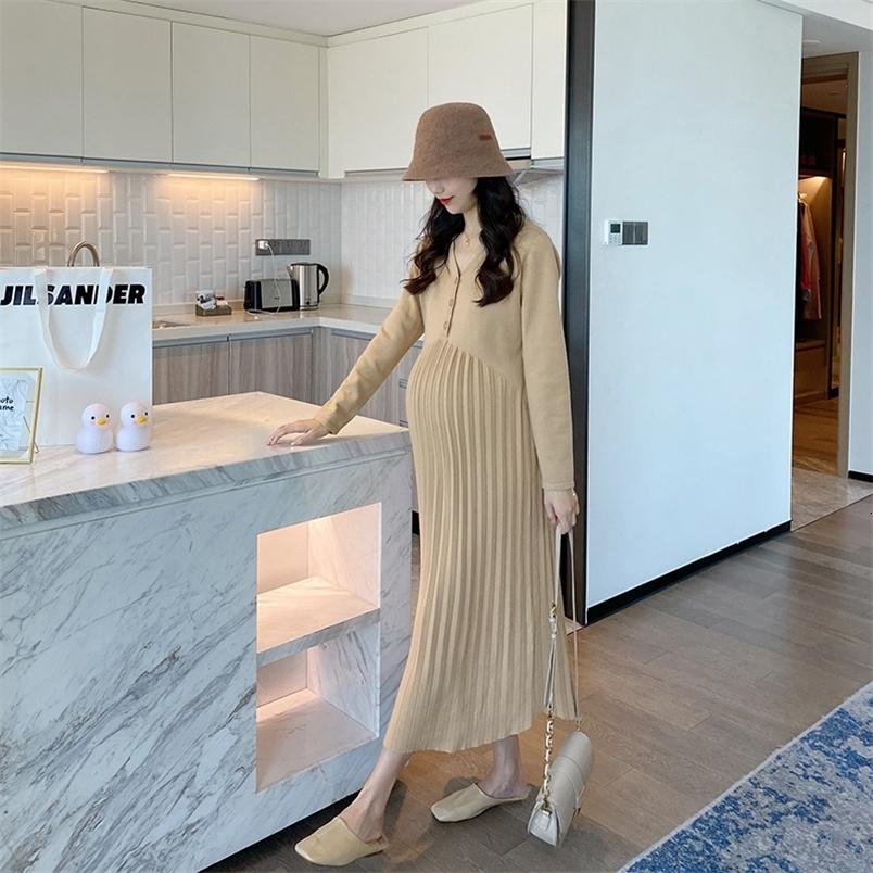 MaterniTY Dresses 5905 Autumn Winter Fashion Knitted MaterniTY Long Dress V Neck A Line Slim Pleated Ruffle Clothes for Pregnant Women Pregnancy-image-1095549670