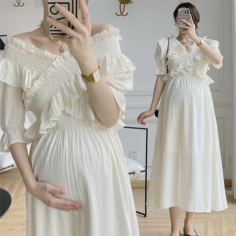 Maternity Dresses Fashion Solid Short Ruffled Pregnant Womens Dress V-neck Cotton Long Pregnant Womens Tank Top 230404CJ M260226-image-1095549487