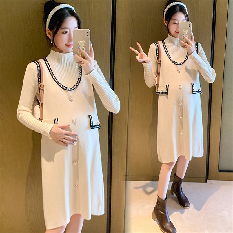 Maternity Dresses 2-piece pregnant womens knitted dress set pregnant womens autumn clothing cute and fashionable turtle neck pregnant vest 230404-image-1095548854