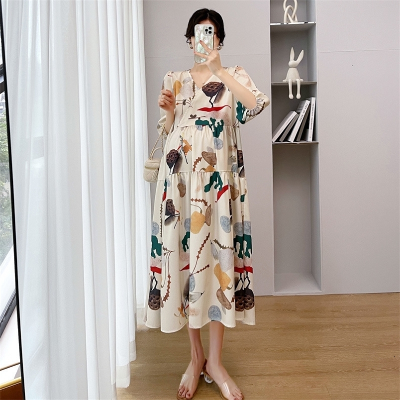 MaterniTY Dresses Nursing Wear Summer MaterniTY Wear Temperament V-neck Loose Mommy Dress All-match Dresses for Po Shoot Fashion Soft M260226-image-1095548911