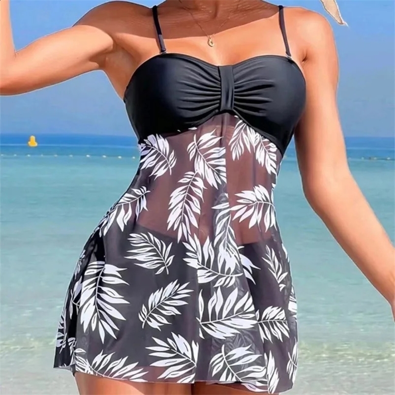 Summer Womens Short Dress With Shorts Swimsuit Leaf Print Sling Split Swimming Suit Holiday Beach Beachwear 250121wtt H260114-image-1091923518