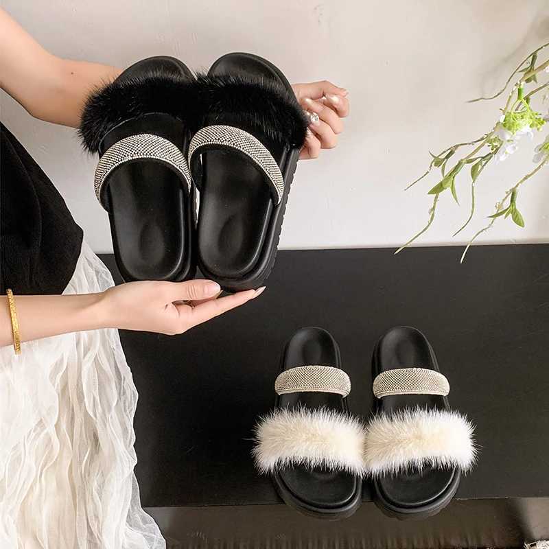 Rhinestone Real Mink Fur Platform Summer New Soft Sole Woman Slide Flat Sandals Elegant Party Shoes Flip Flops Slippers Z250929