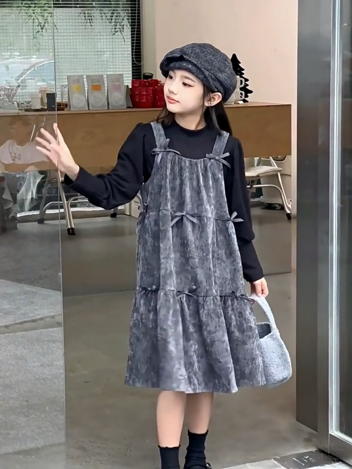 D406 Girls&#039; suits, new spring and autumn bow suspender skirts, fashionable Korean style long-sleeved two-piece suits for middle and large ch-image-1078019809