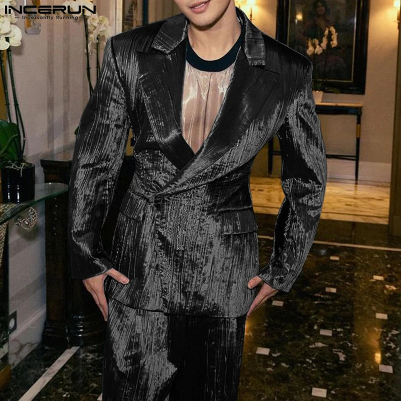 INCERUN Long Sleeve Stylish Blazer Men Shiny Fold Waist Elegant Suits Casual Loose Solid Color Lapel Collar Handsome Coats 250929BJ
