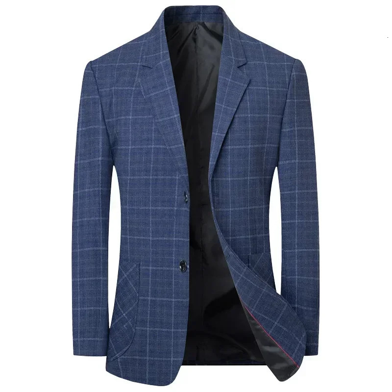 Spring Men Blue Plaid Thin Blazers Jackets Business Casual Suits Coats Quality Man Slim Fit Formal Wear Blazers Coats Size 4 250929BJ