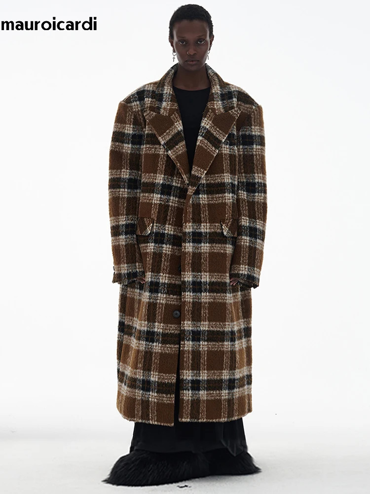 Mauroicardi Autumn Winter Oversized Long Thick Warm Colorful Plaid Wool Blends Coat Men Loose Runway European Fashion 250929BJ