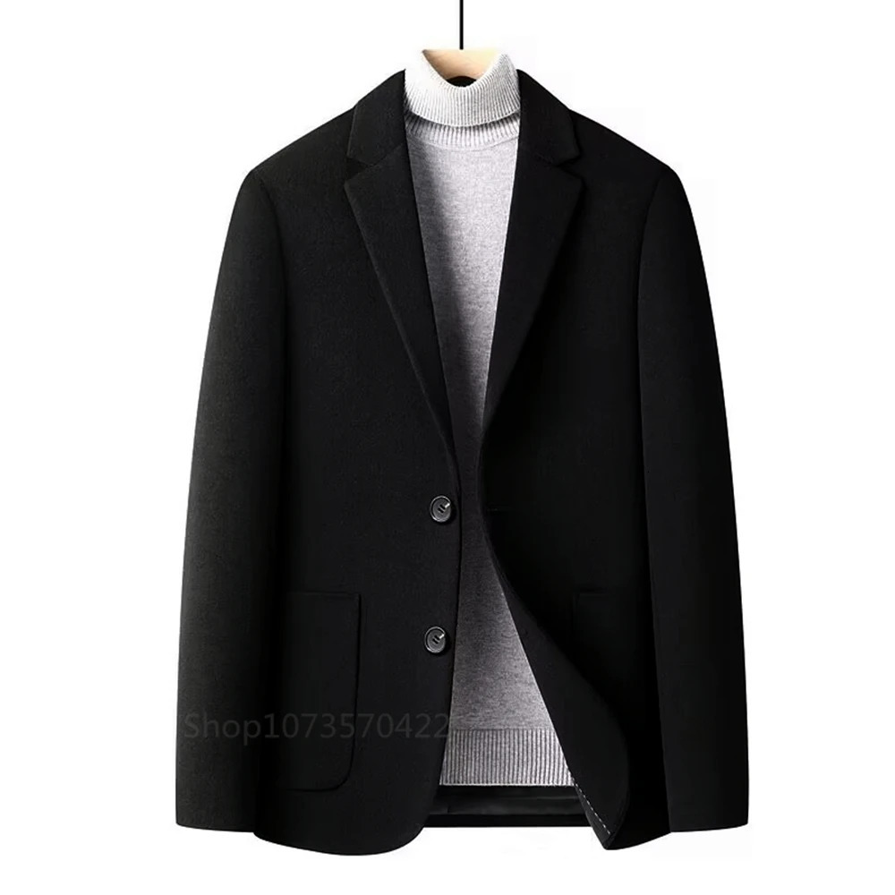 HighQuality Black Mens Woolen Coat Autumn Winter Casual Wool Windbreaker Two Buttons Notch Lapel Jackets Outwear Warm One Coat 250929BJ