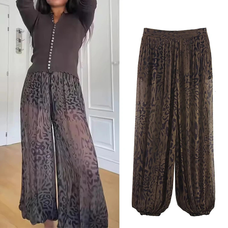 Fashion Print Lantern Pants For Women Thin Half Transparent Leopard Long 2025 Summer Fall Elastic Waist Trousers 250930