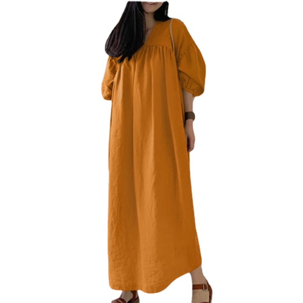 (844) Customized Solid Color Loose V-neck Puff Sleeve Casual and Elegant Dress