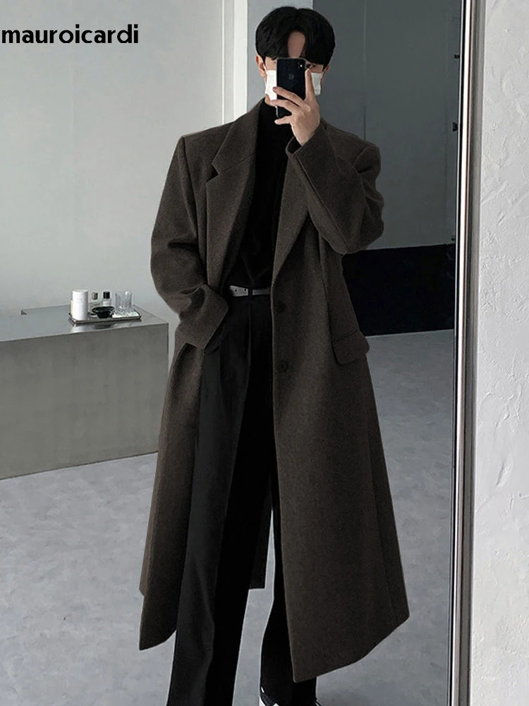 Mauroicardi Autumn Winter Long Thick Warm Soft Fitted Woolen Coat Men Single Breasted Cool Chic Wool Blends Overcoat 250929BJ