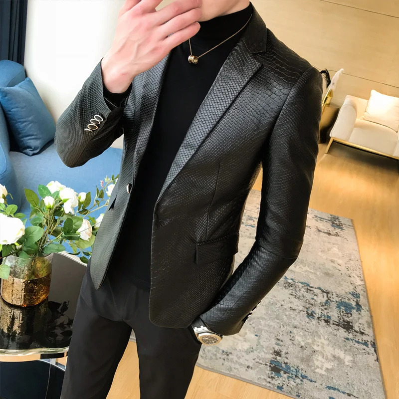 Slim Fit Blazers Jackets For Men PU Leather Suit Coats Men Leather Jackets Male Business Casual Suit Coats Man Blazers Size 4XL 250929BJ