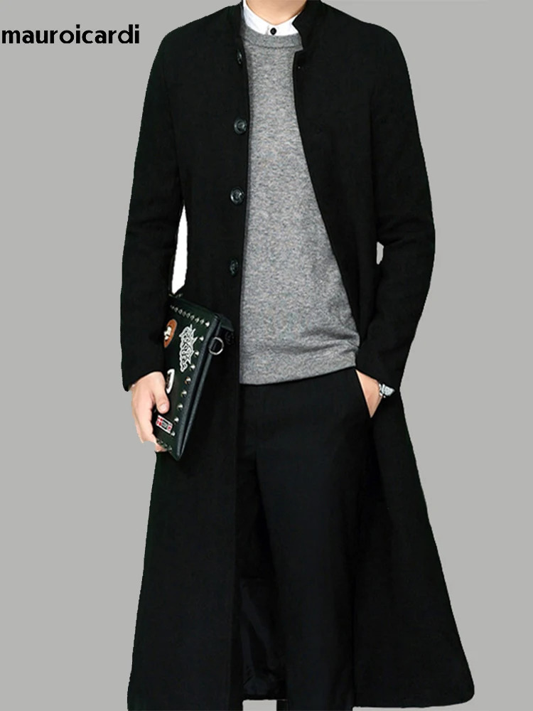 Mauroicardi Autumn Winter Long Fitted Black Thick Warm Soft Wool Blends Coat Men Single Breasted Overcoat 250929BJ