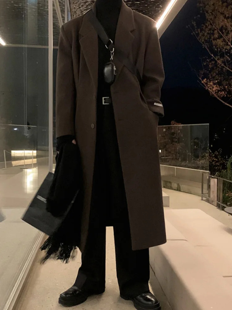 SYUHGFA Korean Style Men Woolen Overcoat Turndown Collar Single Breasted Overknee Thickened Casual Male Trench Winter 250929BJ
