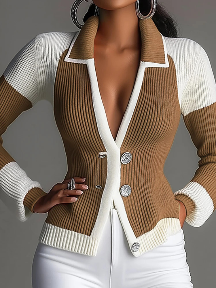 Women Elegant Color Block knitted Cardigan Lapel Long Sleeve SingleBreasted Summer Winter Sexy Deep VNeck Fashion Knit Sweater 250923BJ