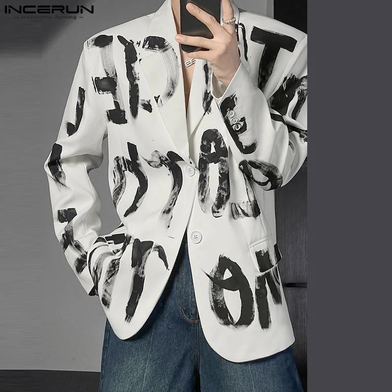 INCERUN Men Artistic HandDrawn Letter Blazer Casual Lapel Collar Printing Suits Long Sleeve Loose Simple Open Up Jackets 250929BJ