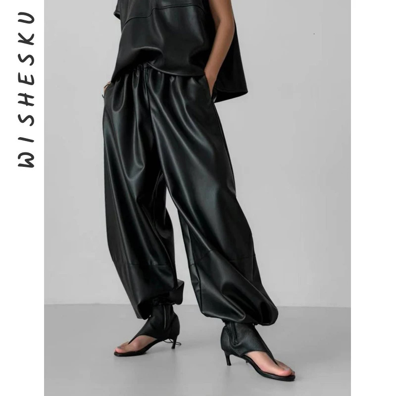 Women High Waist PU Straight Beam Feet Pants Retro Soft Punk Faux Leather Casual Trousers 2025 Fall Winter Fairy Grunge Clothes 250930 a5