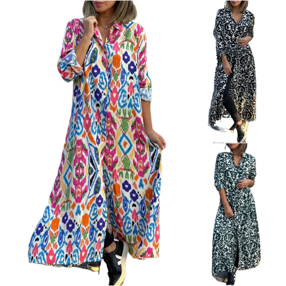 (843) Robe de chemise imprimée à manches longues à manche carré
