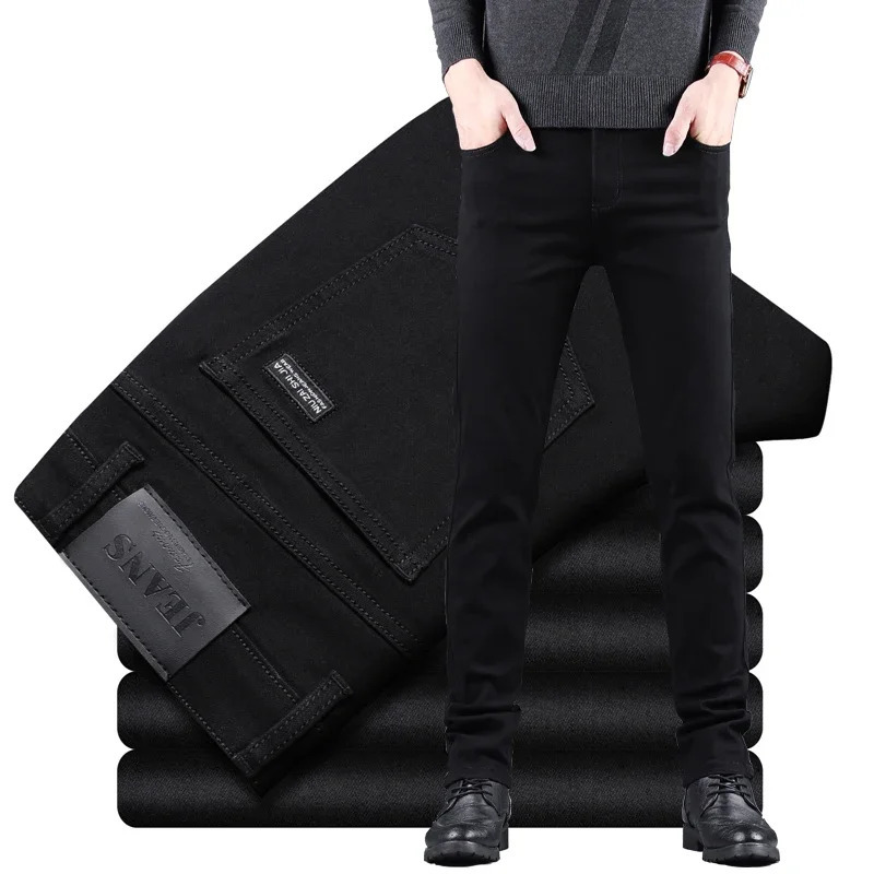 Spring Autumn Mens Pure Black Slim Jeans Elastic Straight Pants Business Fashion Leisure Korean Vintage Denim Pants Male 250922