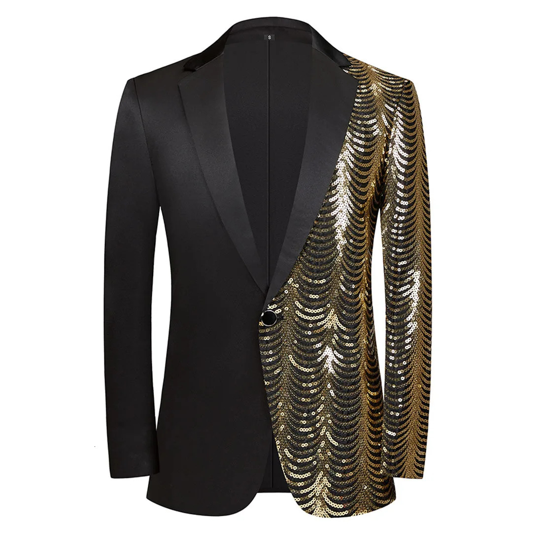 Mens Wave Striped Gold Sequin Blazer Jacket Shawl Lapel One Button Shiny Wedding Party Suit Jackets Black Tuxedo Blazer 250929BJ