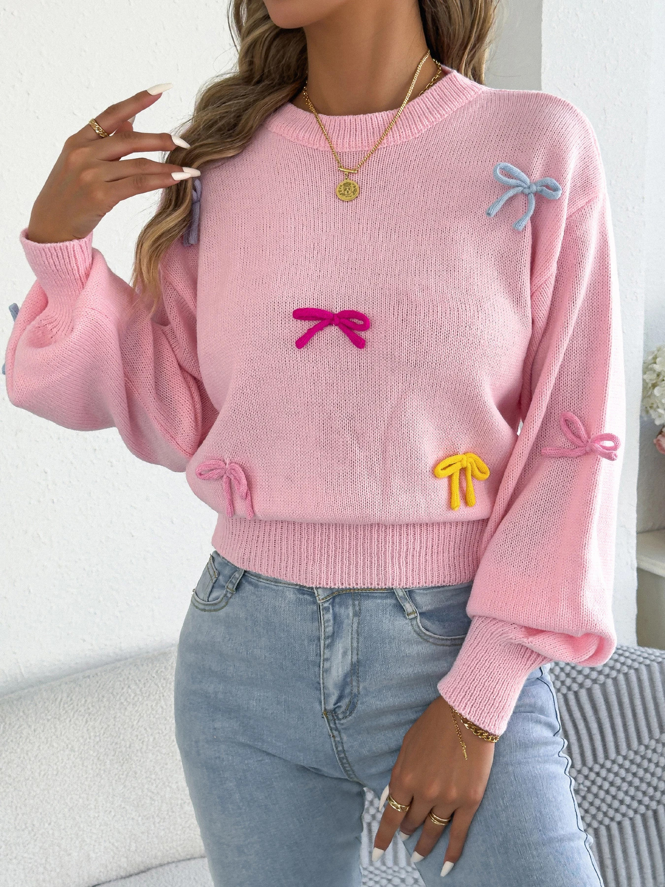 Fashion Contrast Color Bows Knitted Sweaters Round Neck Lantern Long Sleeve Tops for Autumn Winter Casual Women Clothes 250923BJ