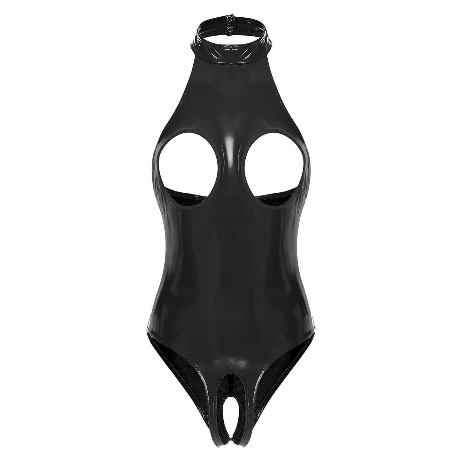 Womens Latex Lingerie Cutout Patent Leather Bodysuit Halter Neck Backless Crotchless Open Cup Teddies Leotard Erotic Clubwear C260803