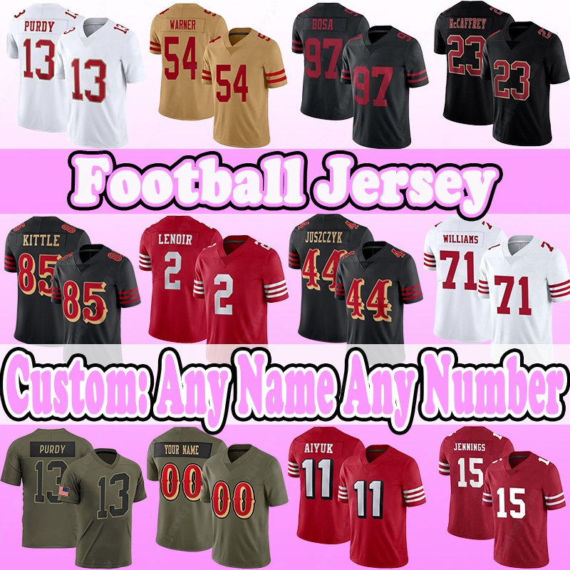 85 George Kittle Football Jerseys 13 Brock Purdy 54 Fred Warner 97 Nick Bosa 23 Christian McCaffrey 44 Kyle Juszczyk 2 Deommodore Lenoir 71 Trent-image-923081305