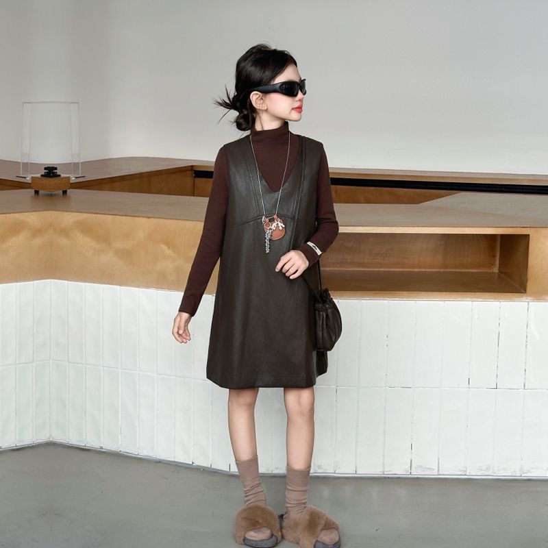 D420 Girls dress two-piece suit 2025 fashionable autumn new style fashionable leather skirt high collar bottoming shirt vest two-piece suit-image-1078219661