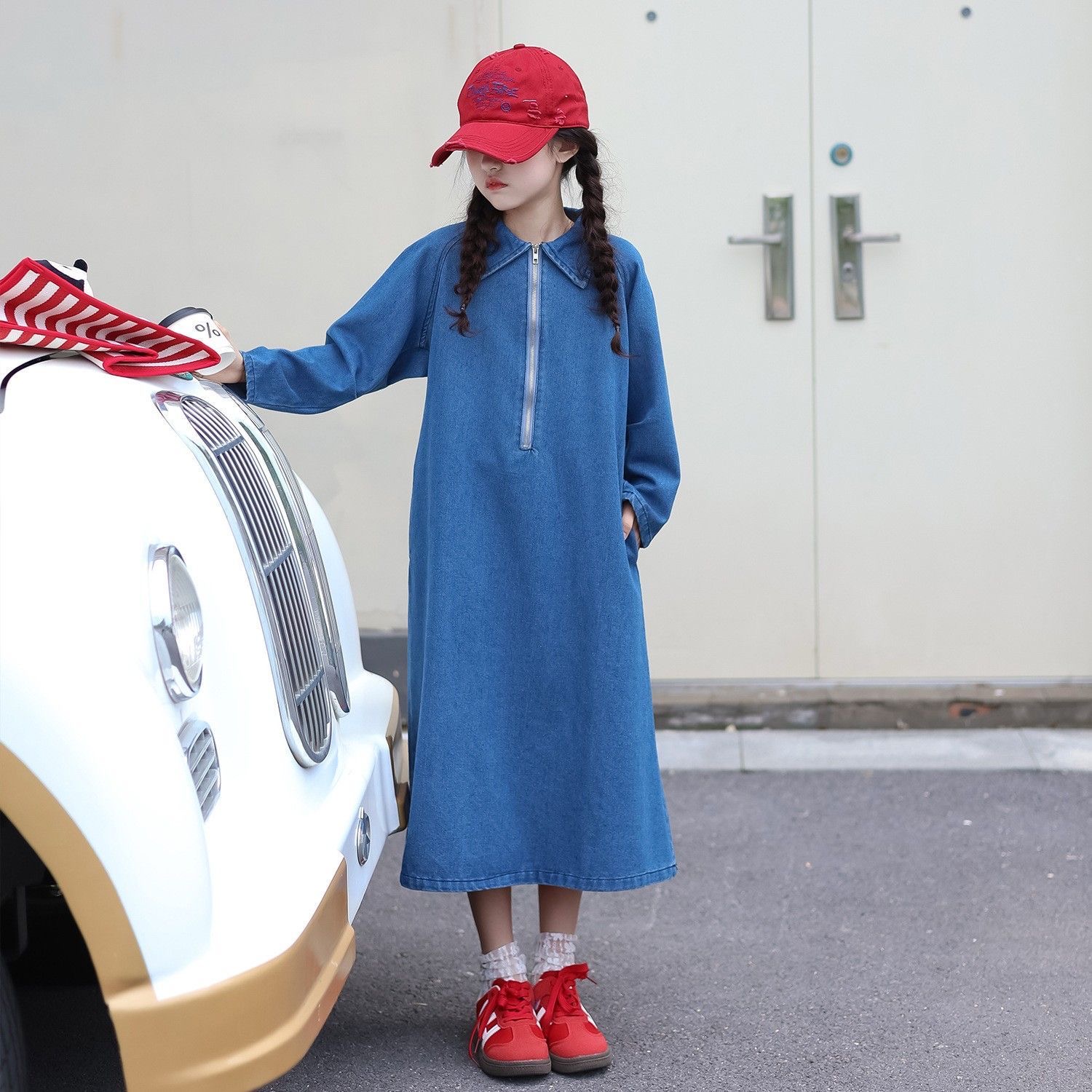 D430 Girls denim skirt dress casual lazy spring and autumn long sleeve forest simple advanced middle and large children ins trend brand-image-1079473420