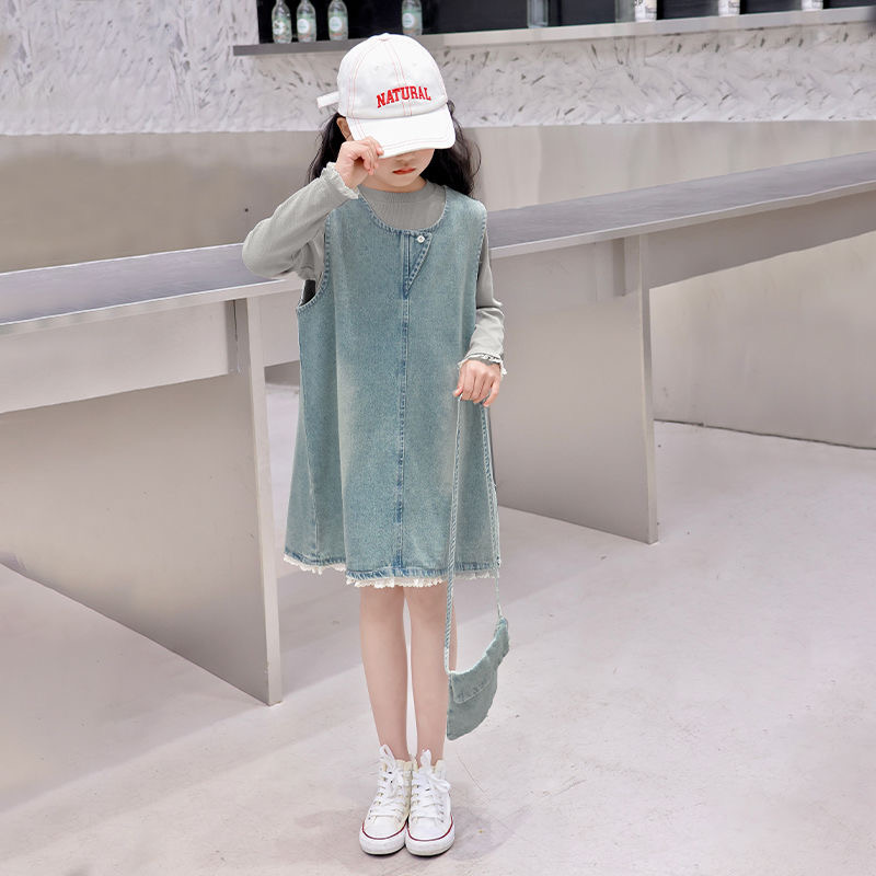 D414 Girls&#039; Spring and Autumn Sweater Long Sleeve Knitted Cardigan Vest Set Middle and Large Children&#039;s Autumn Skirt Trendy Cool Three--image-1078217647