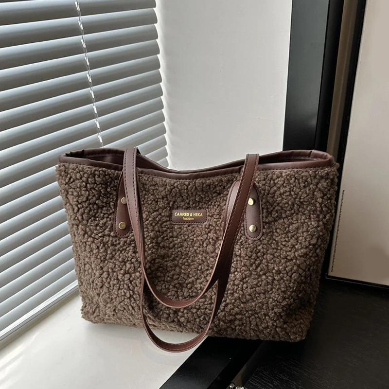 Sac à main souple grande capacité automne hiver sac à bandoulière femmes sac fourre-tout en laine d'agneau fermeture à glissière décontracté Shop