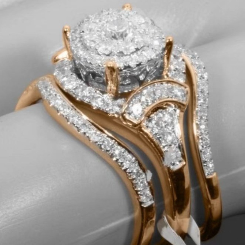 Women's Pcs White Round CZ Halo Wedding Stack Rings 14K Gold Plated 3 Piece Set Ring 5 12