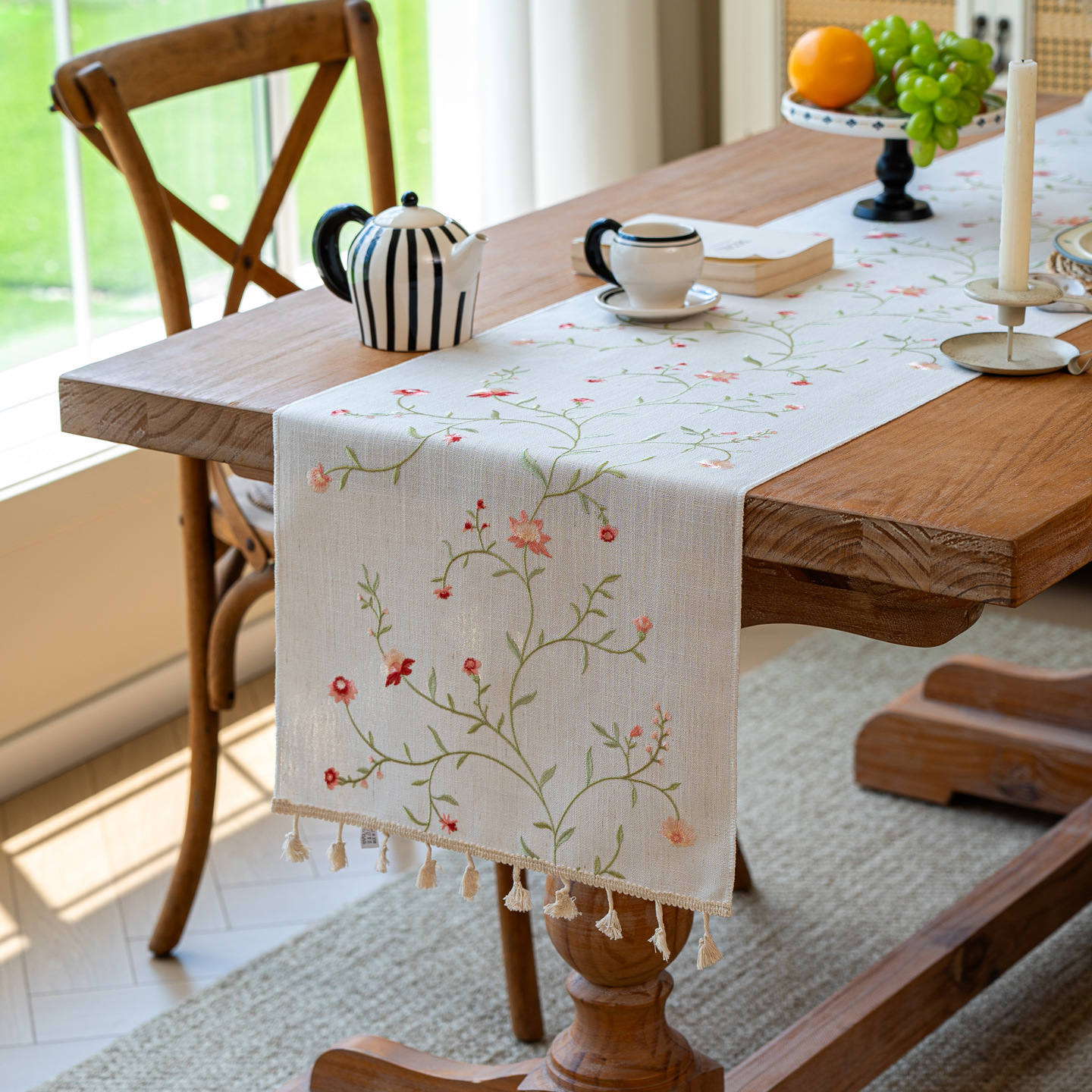 New simple cotton and linen embroidered table runner tassel home dining table cloth NZH601-image-1078349170