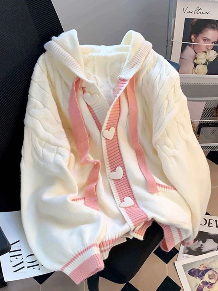 Jmprs Cute Sweet Cardigan Sweaters Women Lazy Wind White Knitted Coats Long Sleeve Loose Female Japan Kawaii Elegant Hooded Tops 250929BJ