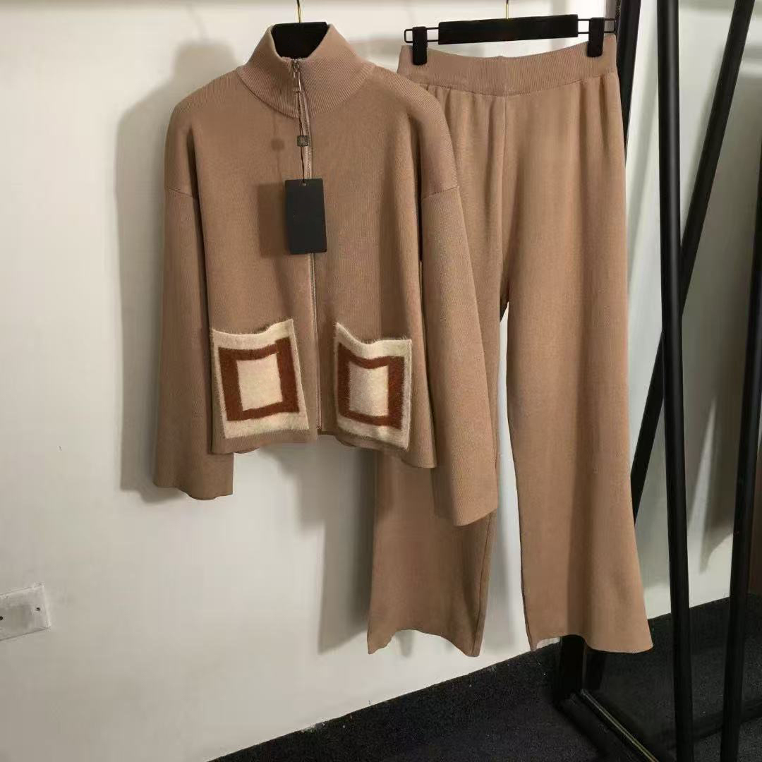 25 automne et hiver neuf et mince lettre de fermeture éclair de poche tricot tricot à jambe large pantalon deux pièces