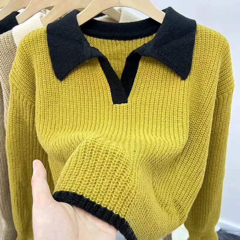 Sweater Knitted Sweater POLO Autumn Winter Korean Edition Lazy Style Soft Glutinous Outer Loose Small Bottom Casual Top 250929BJ
